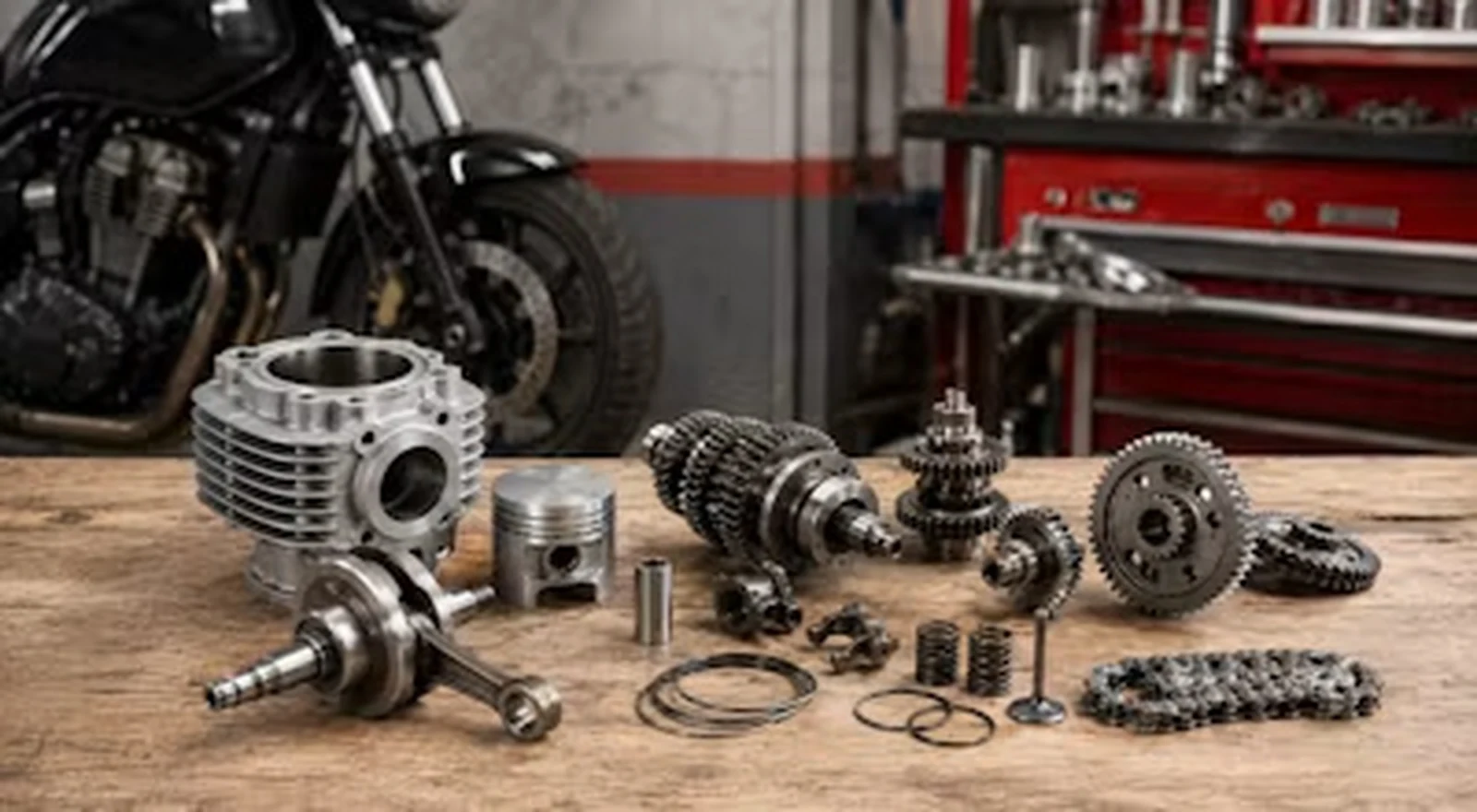 Disassembled engine components arranged on a workshop bench