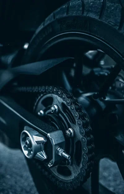 Close view of motorcycle drivetrain, reference