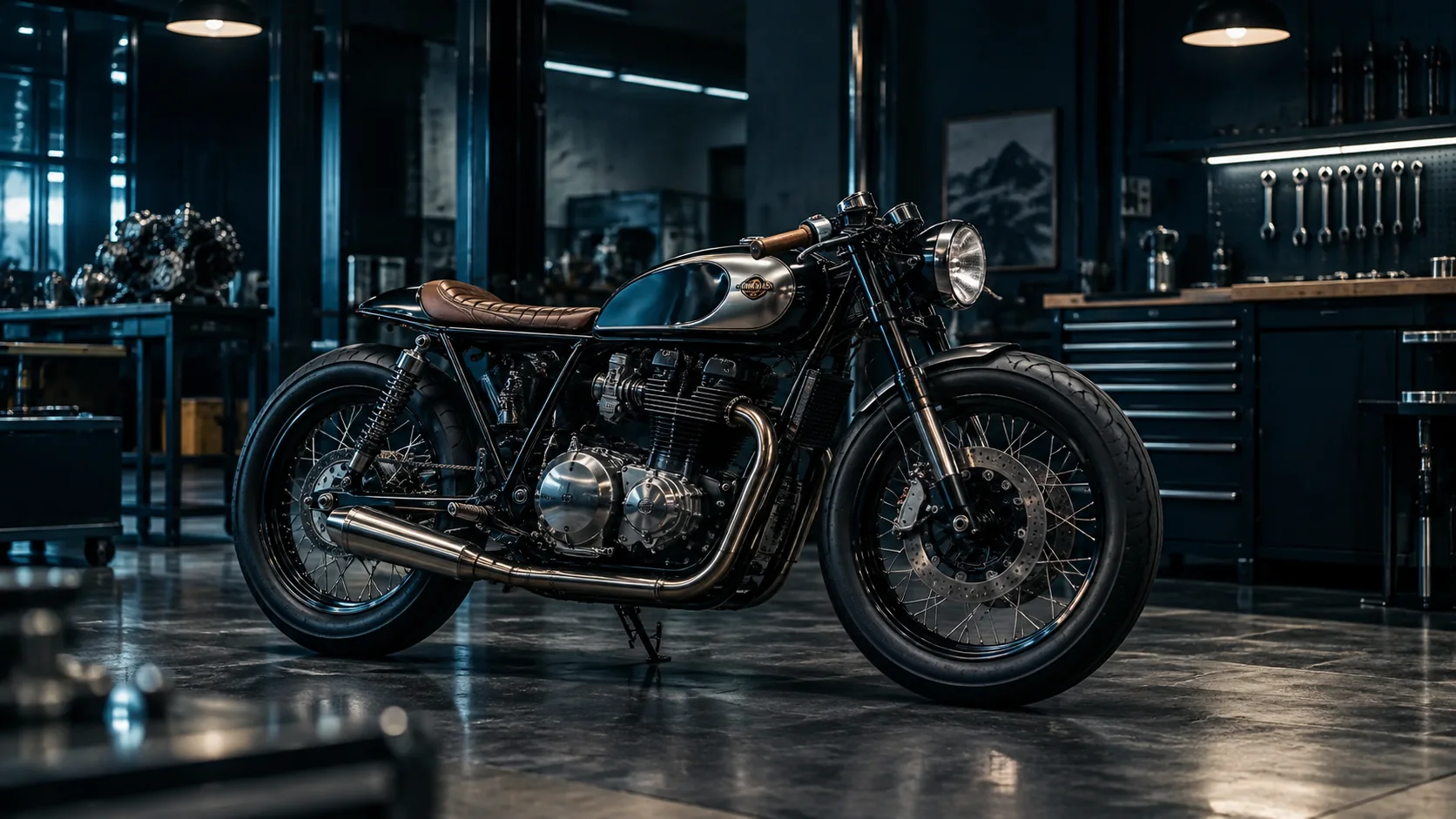 Motorcycle on the workshop floor